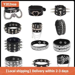 【Local shipping】 90s Fashion Punk Style Bracelet Personality PU Leather Three Rows Spikes Square Bracelets Bangle 2024 Party Jewelry Gift