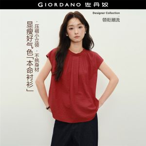 Giordano Women Pleated mock neck short sleeve blouse Free Shipping 18346515