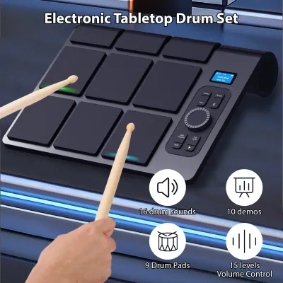 Electronic Tabletop Drum Set with 2 Speaker 9 Pads Color Lighting Supports BT MIDI Various Audio Connection LCD Display Adjustable Sensitivity Practice Electric Drum Pads with Drumsticks Foot Pedal
