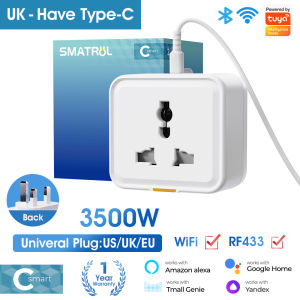 SMATRUL Tuya WiFi Smart 3 Pin 16A Plug UK US EU Universal Socket RF433 Type-C Travel Adapter Outlet Power Monitor Timer APP Voice Works with Alexa Google Home