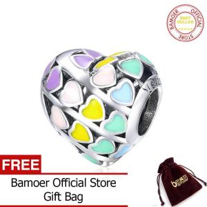 BAMOER Miễn Phí Vận Chuyển Hạt Charm Tráng Men Màu Trái Tim Cầu Vồng Bằng Bạc Sterling 925 Lãng Mạn Tháng 10 Phù Hợp Với Vòng Tay Nguyên Bản Tự Làm Trang Sức SCC902