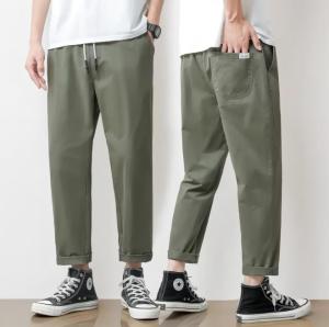 Summer Cropped Pants for Men Cotton Casual Pants Mens Loose Fitting Straight Trousers Quick Drying 9/10 Long Pants
