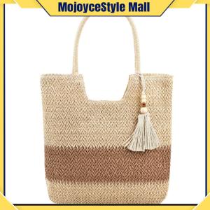 Summer Top-handle Bag Contrast Color with Tassels Hand-Woven Handbags Large-Capacity Handmade Fashion Casual Simple for Seaside Holiday