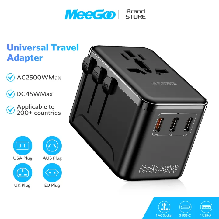 MeeGoo 45W GaN Universal Adapter Travel International USB C Adapter Fast Charger QC 3.0 Charger Type C Plug