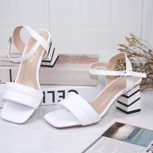 Giày sandal nữ cao gót vuông phối đường kẻ màu 8p quai bản phồng kẻ viền chỉ SD58