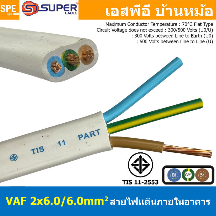 [ 1 เมตร ] สายไฟบ้าน VAF-G 3Cx6.0 sq.mm. ฉนวนสองชั้น ชนิดแกนเดี่ยว เดินไฟในบ้าน สายไฟแข็ง 3 แกน 2x6.0/6.0 สีขาว แบน เมนเต้ารับไฟบ้าน ติดผนัง สายไฟเดินปลั๊ก มีกราวด์ สำหรับตีกิ๊บ ทองแดงแท้ TIS 11-2553 มาตรฐาน มอก. 300/500V 70°C