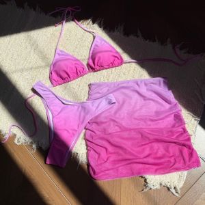 Lace Up 3 in 1 Gradient Color Swimwear Set Deep-V Beachwear Clothing Bikini Bathing Suit Slim Fit Sleeveless Swimsuit