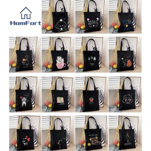 Beg Sandang Tepi Sekolah Women Black Shopping Bag Cartoon Ladies Shoulder Handbags Reusable Tote Bag Canvas