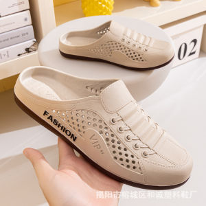 Free Shipping New MenS Summer Breathable Mesh Slip-On Shoes No-Heel Half-Slipper Style Versatile Casual Trendy Shoes Perforated Design