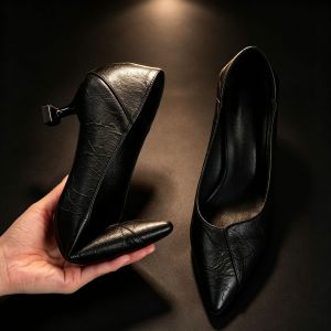 Free Shipping Soft Leather High Heels WomenS Stiletto Pumps Mid-Heel Black Leather Shoes WomenS Shoes For Interviews And Work Suitable For All Seasons Professional Work Shoes