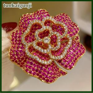 tuokaiguoji Retro Micro-inlaid Rhinestone Rose Red Camellia Brooches For Women Clothing Coat Jewelry Accessries Gifts