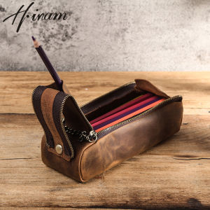 Hiram Retro Genuine Leather Pen Bag Pencil Case Double Zipper High Quality Large Capacity for Adult Kids School Office Stationery Stationery Supplies