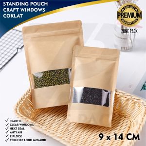 [9x14 cm] 50 Pcs Standing Pouch Craft Windows Warna Coklat I Kemasan Kopi I Kemasan Paper Ziplock