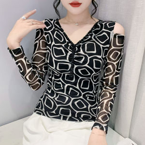 YIMEI Áo Thun Lưới Cổ Chữ V Đính Hạt Móng Tay Dáng Ôm Thời Trang Cho Nữ Áo Dài Tay In Họa Tiết Hở Vai Nối ĐẦM MÙA THU Mới 2023