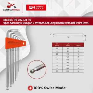 PB SWISS TOOLS 9pcs Allen Key Hexagon L-Wrench Set Long Handle with Ball Point (mm) PB 212.LH-10