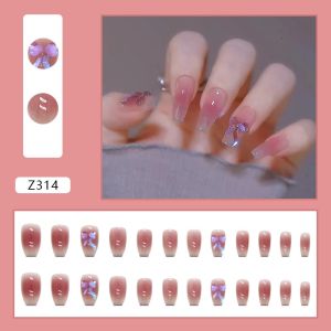 Set móng tay MIA 24 móng tay ngắn aurora ba chiều sáng bóng đổi màu nơ băng mờ dần má hồng Z314