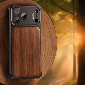 OATSBASF Metal Shockproof Mobile Phone Case Wood Back Panel Smooth Texture for IPhone 17Pro Max/17 Pro