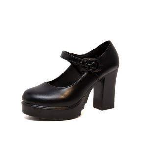 Free Shipping WomenS Black Mid-Heel Work Shoes Model Runway Shoes Soft-Soled Leather Shoes Chunky Heel Plus-Size WomenS High Heels