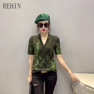 REHIN Womens top Hot gold mesh short sleeve T-shirt new summer design V-neck slim fit elegant blouse S-3XL