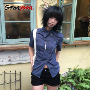 Genayooa Vintage Plaid Casual Shirt Women Short Sleeve Y2k Tops Japanese 2000s Summer Shirt Irregular American Retro 90s Tshirts2026