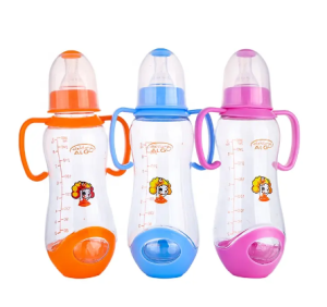 3pcs Algo Botol Susu Bayi 260ml Dengan gagang dan tatakan Baby Feeding Bottle with Handle untuk Usia 6 bulan ke atas Bahan PP Berkualitas BPA Free 8201 Mudah Dicuci dan Bisa Direbus Untuk Sterilisasi