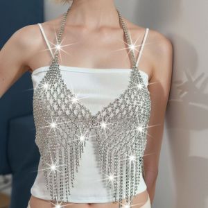 GOOTRADES Sparkling Rhinestone Chest Chain Fashion Luxury Mesh Tassel Bra Chain for Crop Top Camisole Charm Body Chain Jewelry for Nightclub