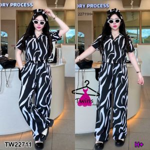 22711  Set 3 ชิ้น ม้าลาย เสื้อเชิ้ตครอป + กางเกงขายาว + กับสายผูก