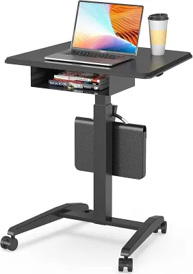 JOY worker Height Adjustable Rolling Laptop Desk with ShelfMobile Standing DeskPneumatic Mobile Laptop Table with Wheels for Couch Home Office SchoolHolds Up to 22lbsBlack