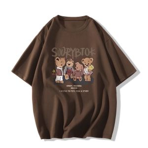 Women Cotton T Shirt Couples dress Cartoon Printed Shirt Summer New Breathable Versatile Top Bear Party Fashion T Shirt Easy To Wear No Pilling No Fading Short Sleeve Front Shoulder Half-sleeved 40-100KG Men & Women Can Wear Loose Top Couples dress