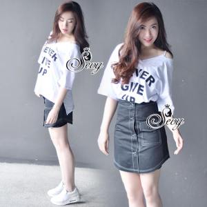 ชุดเซต SEVY เสื้อ+กางเกง / Sevy Never Give Up T-Shirt With Dark Denim Skirt Sets