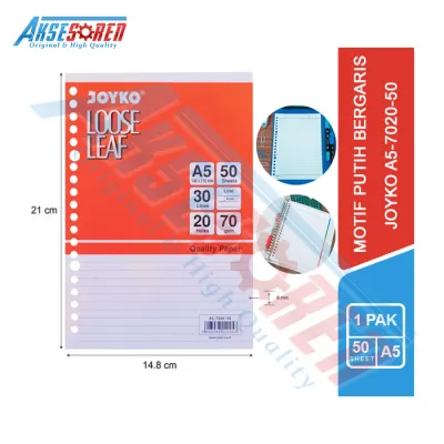 Kertas Binder Loose Leaf A5-7020-50 Joyko Putih Bergaris [50 Lembar] / Isi Binder A5 1 Pak / Kertas Buku Binder Loose Leaf A5 / Isi Ulang Kertas Buku Blinder Kuliah Polos Joyko 1 Pack