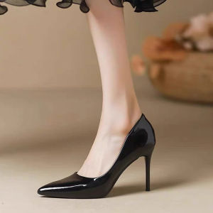 Free Shipping Nude High Heels For Women New Style Stiletto Patent Leather Glossy Black Ultra-Thin 9Cm Single Shoes Professional Work Shoes