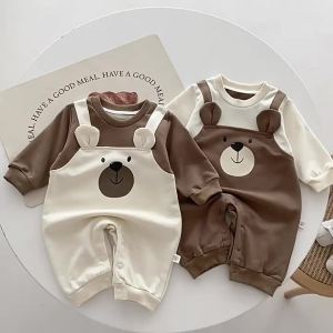 Baby Clothes Spring and Autumn New Korean Style Boys Bear Fake Two-Piece Strap Jumpsuit Girls Baby Outing Crawling Suit