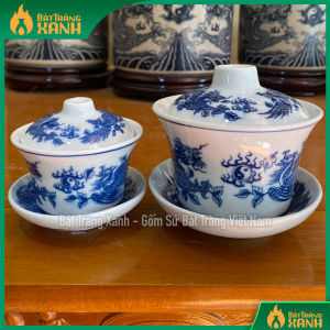 Bát Sâm (chén Sâm chén Khải) thờ Bát Tràng Bát Trà Sâm men lam men trắng