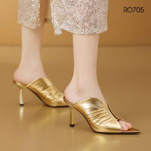 [ẢNH THẬT-FREESHIP] Dép cao gót nữ mũi nhọn gót nhọn ROSATA RO705 - 8p - Vàng Bạc - BKSTORE