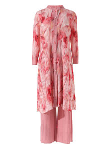 40606 Pleated Autumn Stand Collar Button Up Shirt And Straight Pants Two-Piece Set WomenS Printed Mid-Length Suit One Size (45-75kg)
