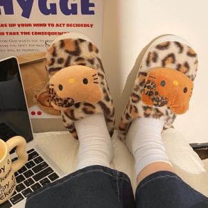 IELGY Leopard print cat slippers 2024 cotton slippers for women winter couple plush eva thick soles at home