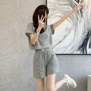 ELF TRIBE Áo thun quần soóc rộng tay & Quần đùi ống rộng cạp cao Bộ đồ đồ thể thao giản dị 2 món cho nữ