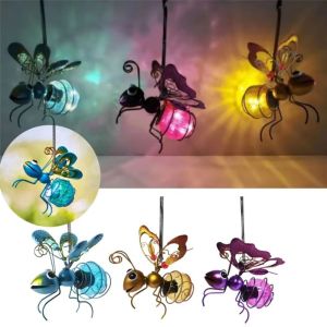 OKDEALS01 3D Simulation Solar Iron Insect Statue Creative Iron Art LED Hanging Butterfly Lamp LED Fairy Light Colorful Solar Powered Insect Lamp Outdoor Hanging Ornament