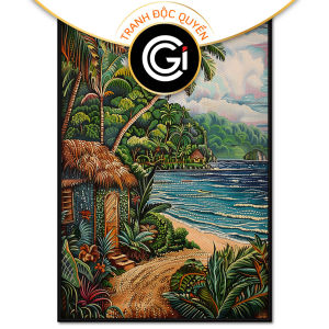 Tranh sơn dầu phong cảnh ngôi nhà vùng biển đảotranh treo tường dán tường phòng khách phòng ngủ quán cafe.CGI-575