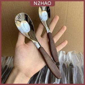 N2HAO  Thép không gỉ muỗng với giả gỗ hạt xử lý Nhà Bếp Bộ đồ ăn đồ ăn bữa ăn tối tráng miệng gạo súp thìa tiện ích