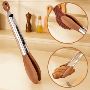 THTZI Wood Head BBQ Grilling Tong Stainless Steel Handle Non-slip Salad Bread Dessert Tong Durable High Temperature Resistant Cooking Tong Canteen