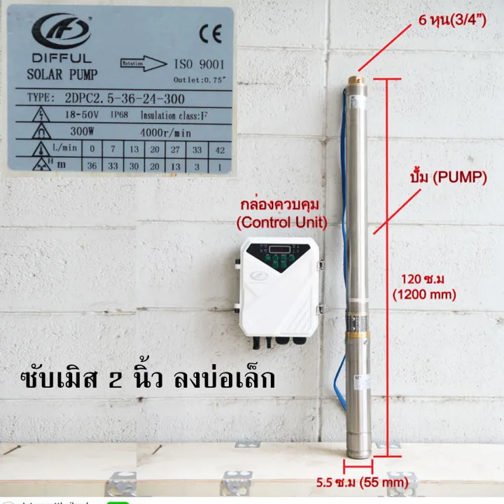 ปั๊มซัมเมอร์สโซล่าDC 300W สำหรับบ่อบาดาลเล็ก 2.5 นิ้ว