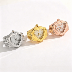 PAZNUL Stainless Steel Mini Finger Watch Adjustable Elastic Strap Heart Shaped Fashion Accessories Ring Quartz Movement Alloy Ring Watch Women