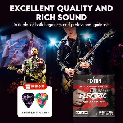 RIXTON Guitar Strings electric guitar - brilliant sound quality strings made of steel for electric guitar coated with nickel (6 string set) incl. 2 picks