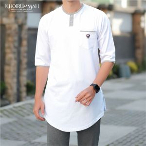KHOIRUMMAH Koko Kurta Badar | Koko Kurta Pakistan Polos | Baju Muslim Pria Lengan 3/4 Cotton Combad 24s Premium Quality | White