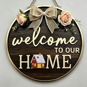 OKKFINE Cat Print 2D Round Welcome Sign Retro Style 2D Flat Round Doorplate Warm Home Wall Sign Front Door Decor