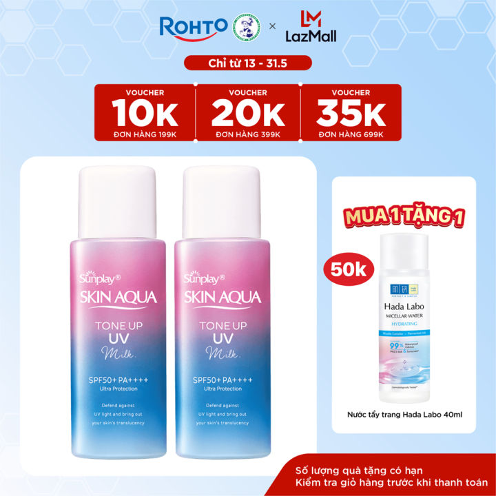 [VB] Bộ đôi kem chống nắng nâng tông dạng sữa dành cho da dầu hỗn hợp Sunplay Skin Aqua Tone Up UV Milk Lavender SPF50+ PA++++ (50g)