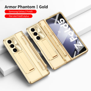 With Pen Slot With Pen Stand Case For Samsung Galaxy Z Fold5 Fold4 Fold3 Case All Shock-proof Transparente Plating Case With Tempered Glass Film Full Hinge Protection Cover For Samsung Z Fold3 Fold4 Fold5 Luxury Case