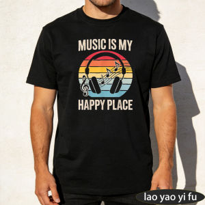 [Local Stock] HBESTY  Funny Rainbow Circle Music Symbol Print Tshirt Music Is My Happy Place Positive Melody Slogan Men Cotton Summer Daily Casual Top